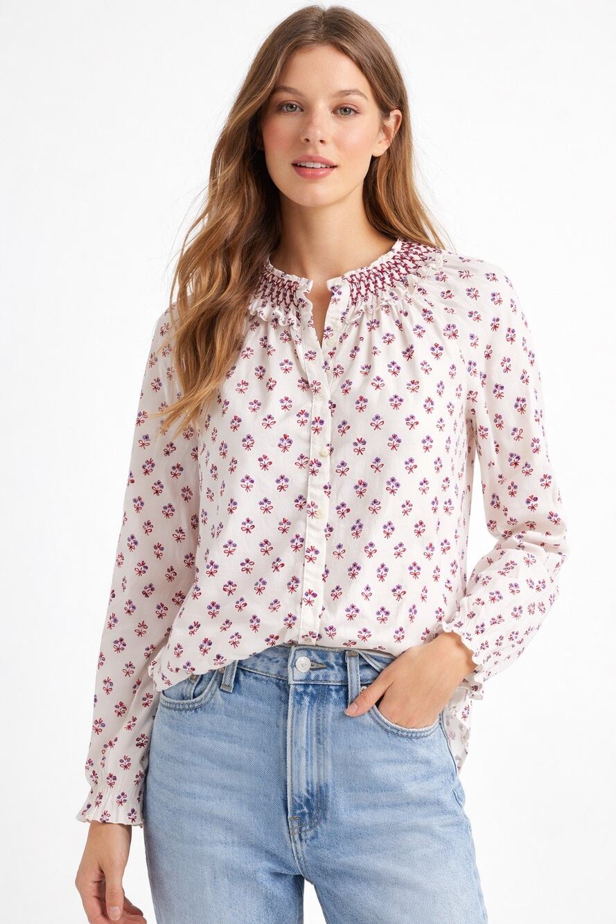 Maison Me Floral Blouse Women’s Small Ivory Ruffle Neck Boho Cottagecore Top